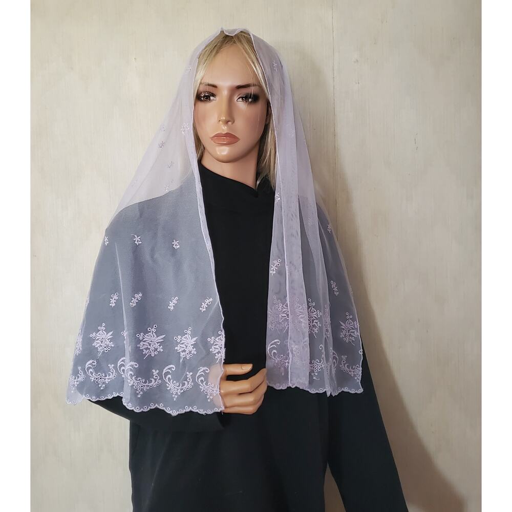 Lavender Embroidered Voile Lace Rectangle Mantilla Chapel Veil Catholic Worship